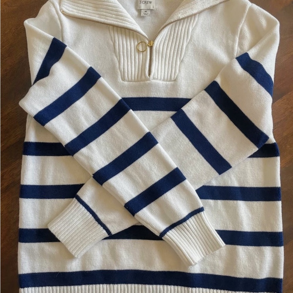 J. Crew Women’s Blue and White Striped Zip-Up Sweater Size M Like New